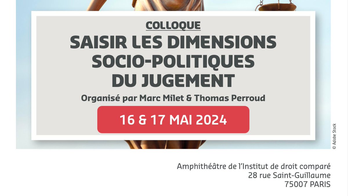 Colloque organisé par @PerroudThomas et Marc Millet à Assas sur les dimensions socio-politiques du jugement les 16 et 17 mai 2024. Le programme est à retrouver ici : drive.google.com/file/d/1gTg60b… Inscription par mail.