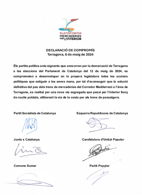 perlinterior's tweet photo. A l'acte d'ahir, 'Plataforma  Mercaderies per l'Interior' va demanar als polítics el seu compromís signat per tal q, tot i ser periode electoral, mantinguin les seves promeses durant la propera legislatura @dignitatavies @transportesgob @oscar_puente_ @territoricat @JosepBoira https://t.co/npTwypzfyH