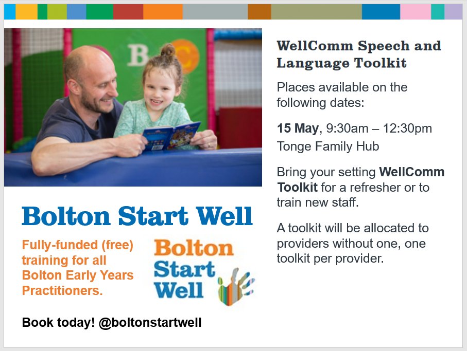 The WellComm Speech and Language Toolkit - Do you need a refresher or need to train new staff? Join us next week for a face to face training workshop. Only 4 places left! boltonstartwell.org.uk/course-detail?…