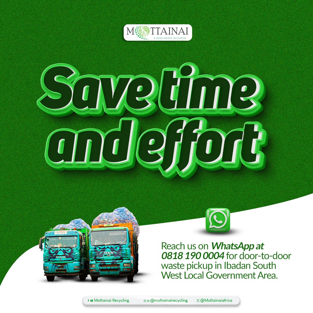 You do not have to take your waste to any point. #MottainaiRecycling offers door-to-door waste disposal services to residents of Ibadan South West LGA. Send us a WhatsApp message at 0818 190 0004 to start.