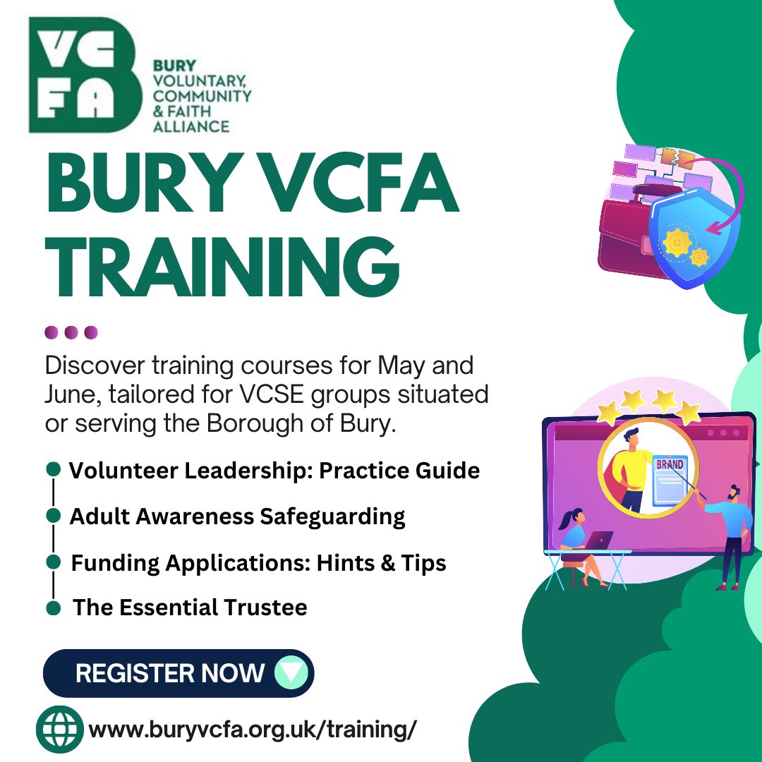 Discover the selection of training courses scheduled for May and June, tailored specifically for VCSE groups situated in or serving the Borough of Bury! Visit our Training Page below to find out more⬇️ lght.ly/7o1c3ho