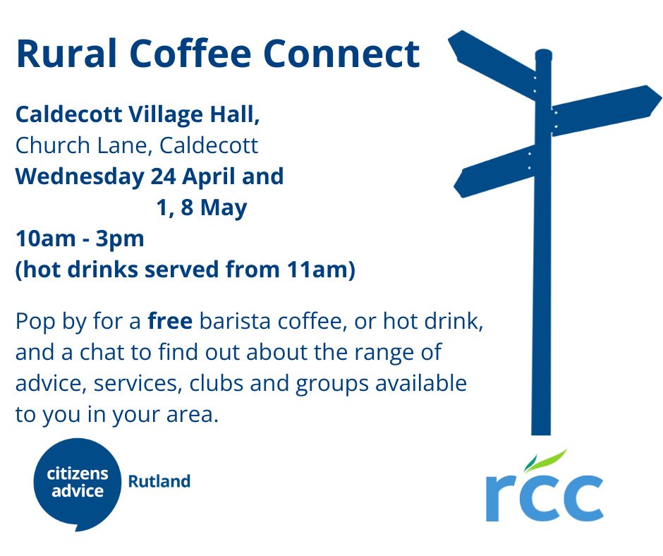 Last chance today for a FREE barista coffee or hot drink & chat with the Rural Coffee Connect team at Caldecott Village Hall, 10am - 3pm (hot drinks from 11am) with info on advice & services in your area. @RutStamSound bringing their Pop Up Radio broadcasting live 10am-12noon.