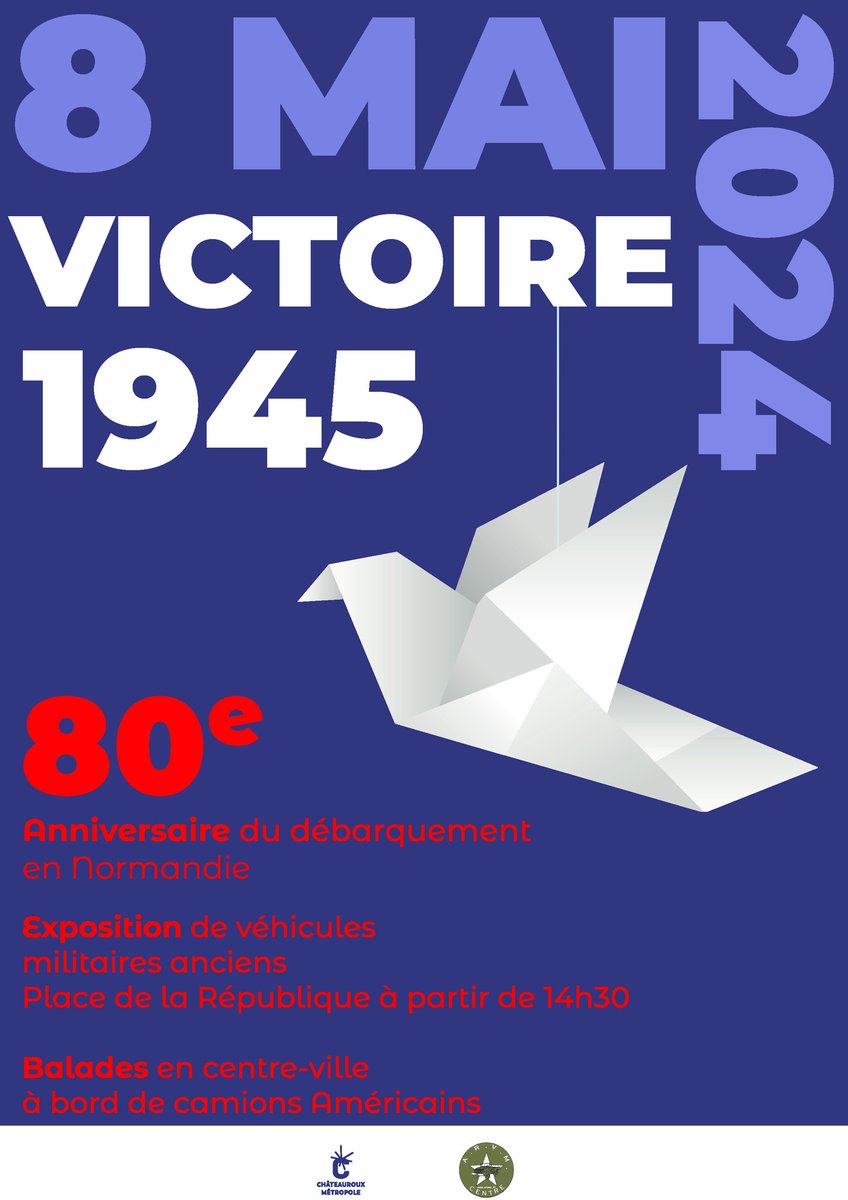 [#8MAI] 🇫🇷 Les commémorations de la victoire de 1945 et du 80ème anniversaire du débarquement de Normandie auront lieu demain. 🕝 A partir de 14 h 30, exposition de véhicules militaires sur la place de la République et balades en centre-ville ! 🇫🇷