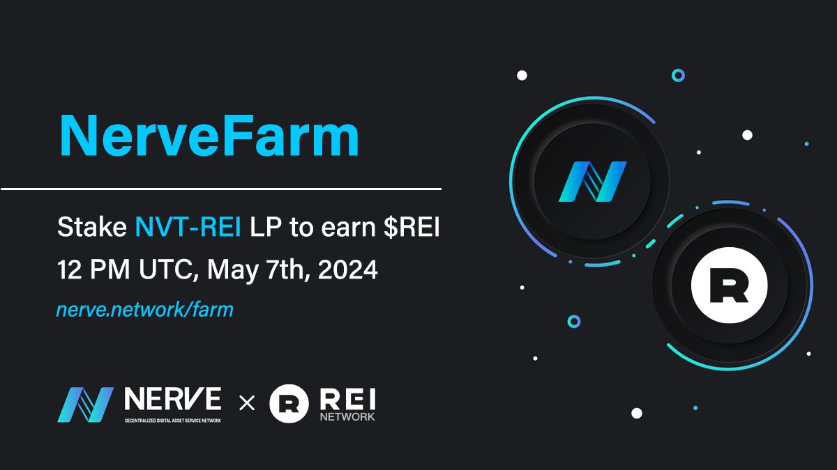 The 3rd wave of NVT-REI farming is coming shortly🔜 Stake $NVT - $REI to earn $REI. The farm has already been set up, you can now stake NVT-REI LP on NerveFarm Activation time⏰ 12PM UTC, May 7th, 2024 Start staking ▶️nerve.network/farm #REI #NerveNetwork #CrossChain