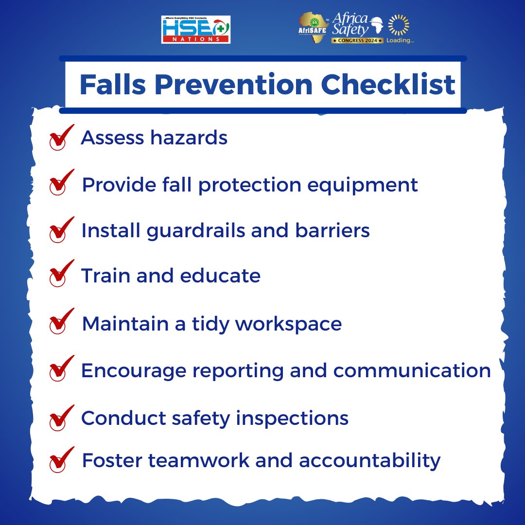 🚧 Safety Alert!  

Preventing falls is crucial to protect your team from injuries and maintain a productive work environment.

⛑️Invest in safety today for a brighter, accident-free tomorrow.  

#WorkplaceSafety #FallsPrevention #SafetyMatters #HSENations #AfriSAFE