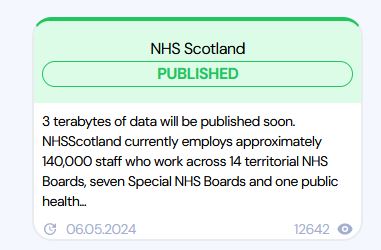🚨 BREAKING - A huge volume of NHS staff and patient data has been published by a ransomware group. This follows a cyber attack on NHS Dumfries and Galloway. Earlier, a small amount of data relating was released in March, they have now released the entire 3TB.