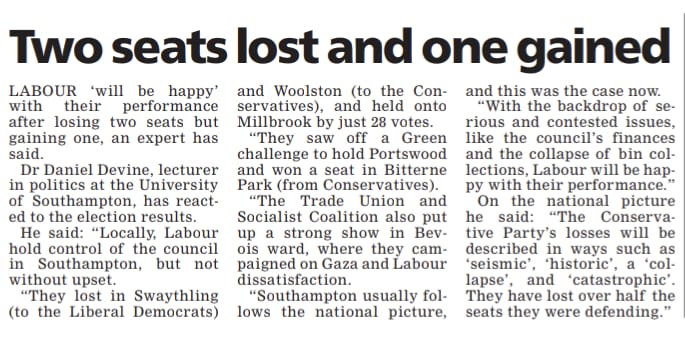 The @dailyecho have quoted @DanJDevine on the local election results in Southampton 👇
