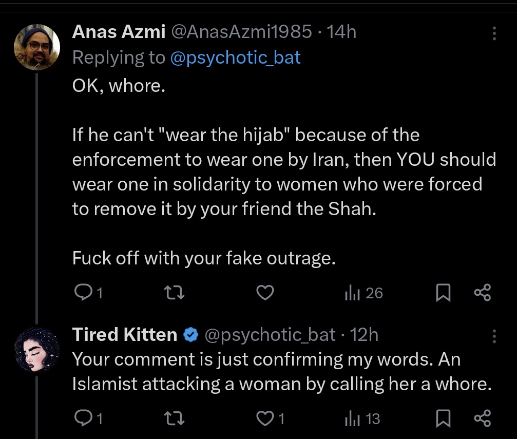 Update: Islamists are helping me prove my point. I am being called a whore, and the same person is posting a GIF referencing being stoned (what Shari'a law does to women who for example commit infidelity), and also a message about sexual acts. To the lady who said this post was