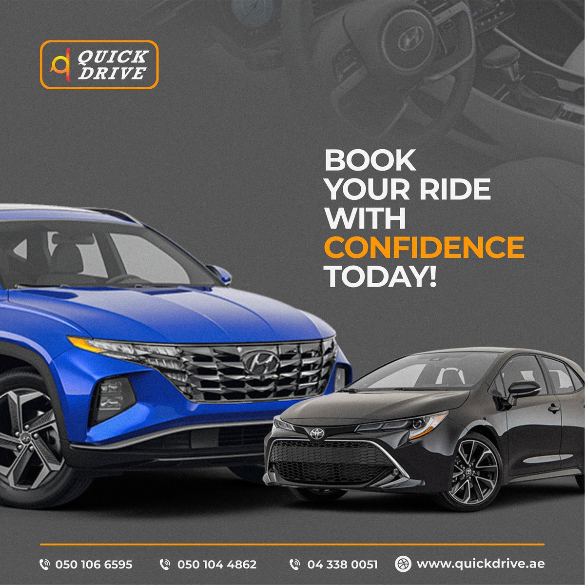 Discover the beauty of Dubai with Quick Drive Rent a Car! Whether you're looking for a compact car or a spacious SUV, we've got you covered. Book your ride today and enjoy a hassle-free journey.

Call or WhatsApp
+971505259245

Visit: quickdrive.ae

#RentalCars