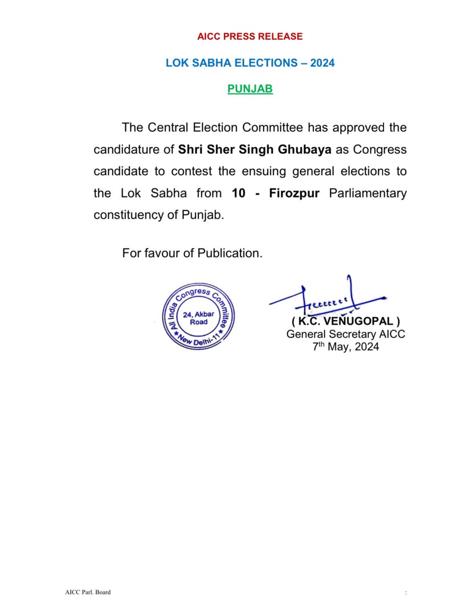The Central Election Committee has named S. Sher Singh Ghubaya as the Lok Sabha elections candidate for Firozpur. Congratulations to S. Sher Singh Ghubaya ji on this significant nomination! #Firozpur #LoksabhaElections