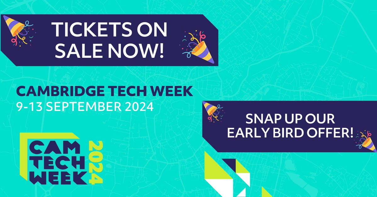 📣 Tickets are now on sale for CTW24! 📣
 
🏃 Don’t miss the opportunity to get ahead of the crowd and secure your place at #CamTechWeek 9-13 Sept 2024 at an early bird price of £130 per ticket instead of £160 👏

⏩Check out our programme & speakers: cambridgetechweek.co.uk/events