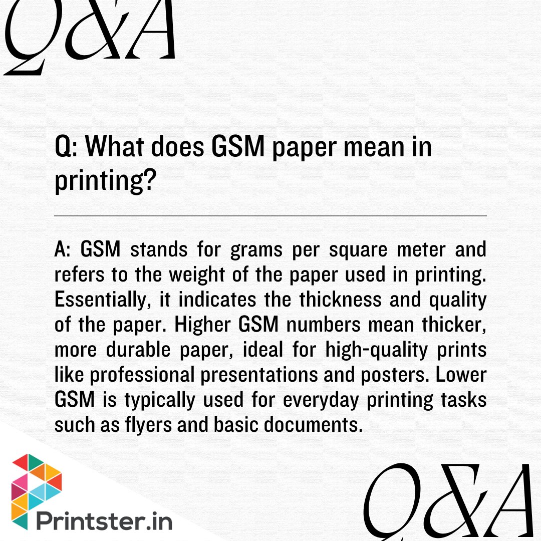 GSM in printing stands for grams per square meter, indicating paper thickness and quality. Higher GSM = thicker, more durable paper, perfect for premium prints. Lower GSM suits everyday tasks. Need help choosing? Just ask us!

#Printster #GSM #PaperQuality #PrintingTips