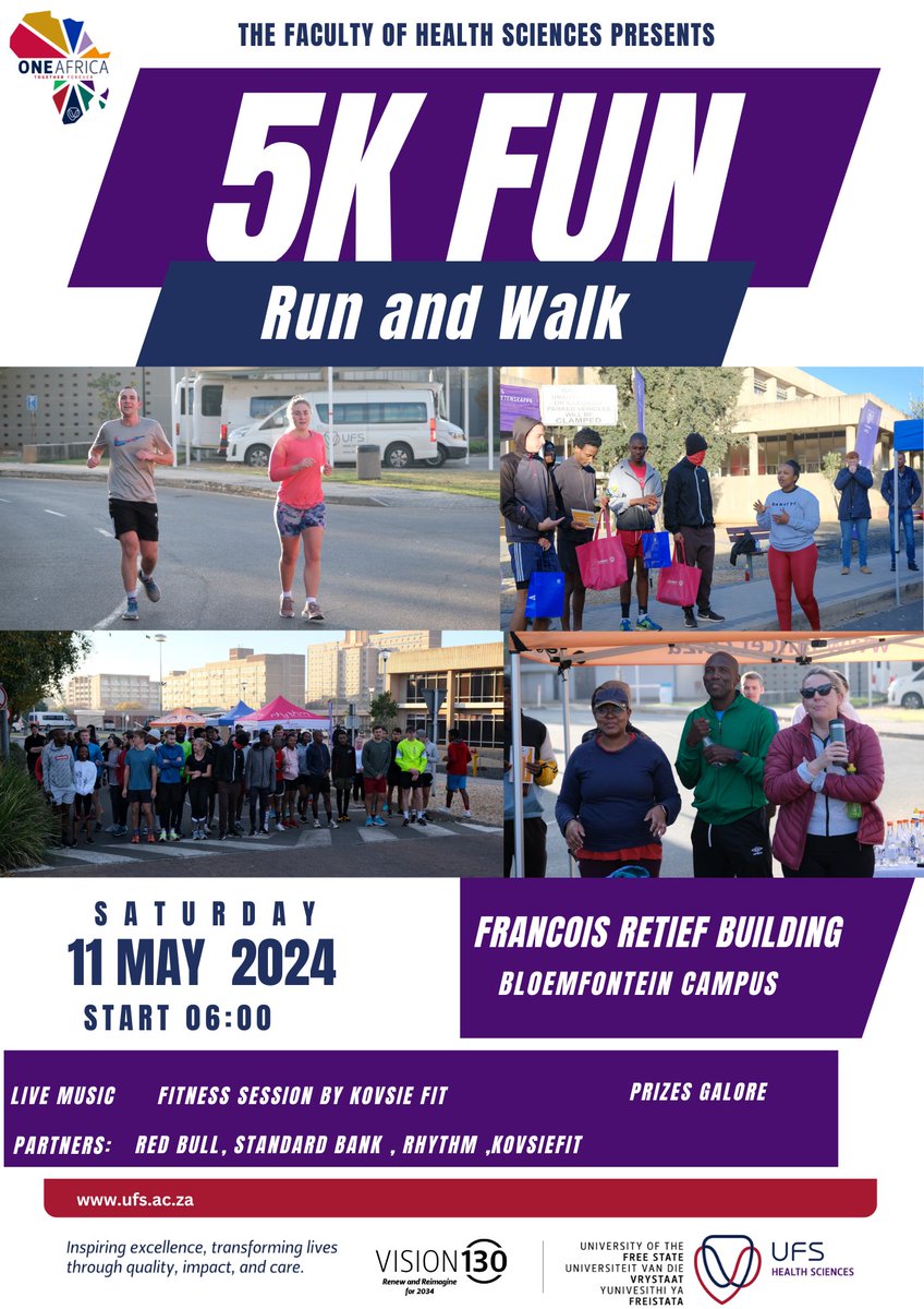 #AfricaMonth: 5km Fun Run and Walk The Faculty of Health Sciences will host a 5km Fun Run and Walk, featuring live music, fitness sessions by KovsieFit, and exciting prizes. Date: 11 May 2024 Time: 06:00 Venue: Francois Retief Building, Bloemfontein Campus