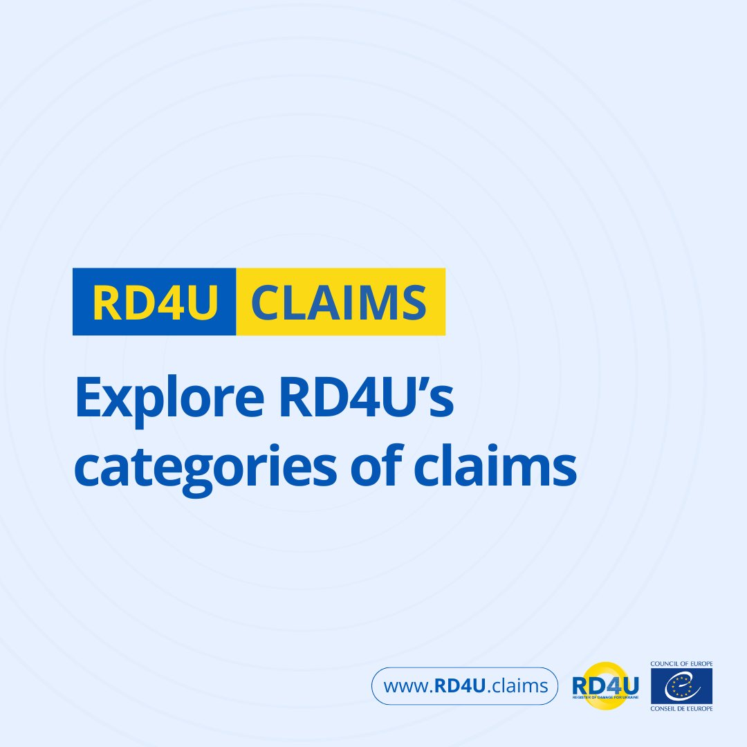 #RD4U's categories of claims are divided into 3 groups, relating to the nature of the claimant:

A - Claims by individuals 🙋‍♀️
B - Claims by the State of #Ukraine🇺🇦
C - Claims by other legal entities, such as businesses 💼

📋 Full list: bit.ly/RD4UCategories…