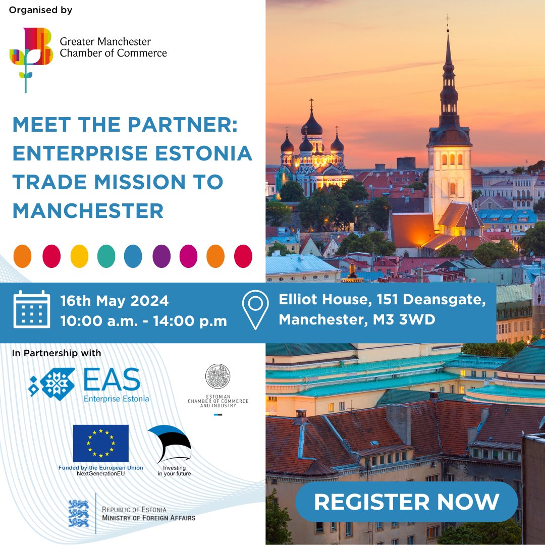 gmchamber's tweet image. Are you a #LocalAuthority or company in #GreaterManchester seeking #innovative #SmartCity solutions? 

Meet 10 #Estonian Biz across #digital #intelligenttransport #supplychainmanagement #parking #biking #biomaterials solutions!

🗓️16th May 
⏰ 10 a.m.
💻bit.ly/3TXe3IW