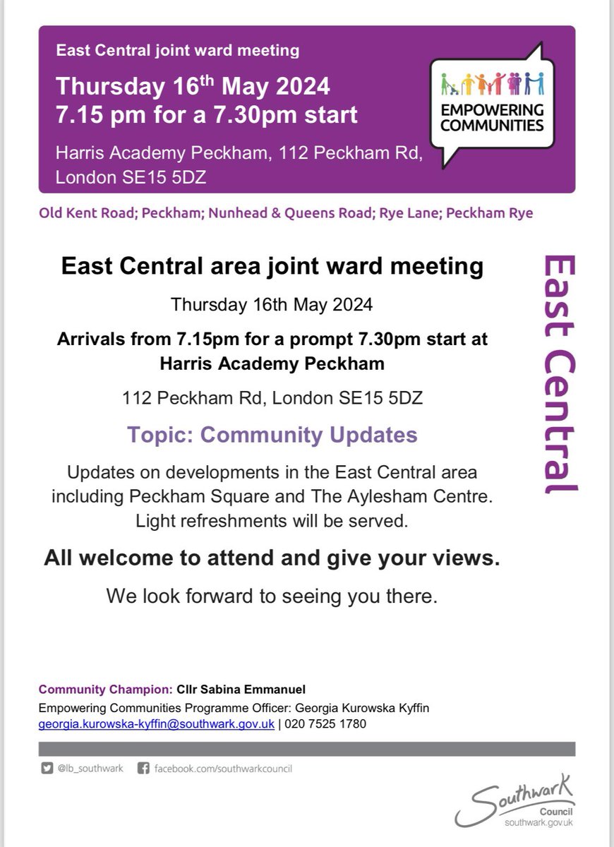 If you’re in Peckham and interested in the future of the town centre including the Aylesham/Morrisons site and the library square do come along to the ward forum on Thursday 16th May, 7.30pm at Harris Academy Peckham - details below 👇🏻