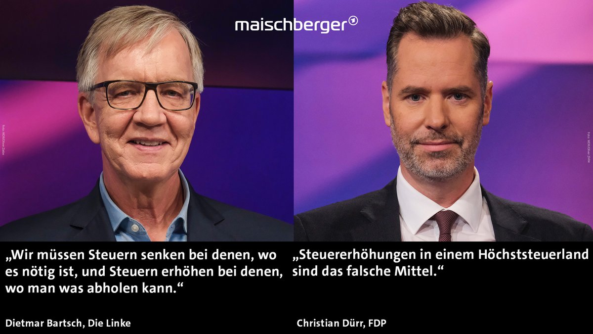 Einsparungen beim #Bundeshaushalt und #Waffenlieferungen für die #Ukraine: Darüber diskutieren heute Abend bei #maischberger der @fdpbt-Fraktionschef @ChristianDuerr und der Linken-Abgeordnete @DietmarBartsch (@dielinkebt).

📺 Um 22:50 Uhr | @DasErste