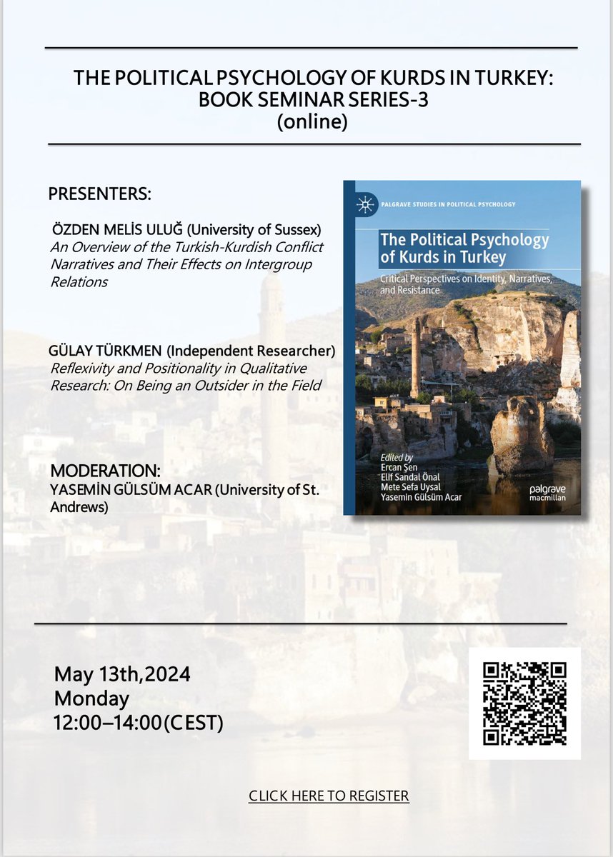 📚 You're invited to the third and the last session of the online book seminars on our edited volume on the political psychology of Kurds! Mark your calendar for two more great talks and join us on May 13th, Monday, at 12:00 CET! For registration: uni-bielefeld.zoom.us/meeting/regist…