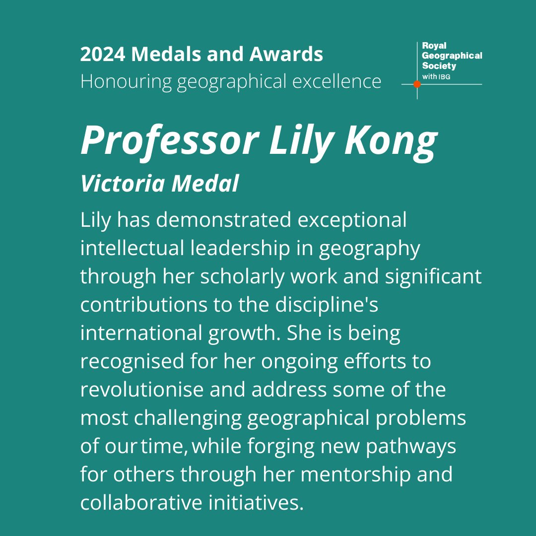 Congratulations to Professor Lily Kong on being awarded the Victoria Medal for conspicuous merit in social and cultural geography and urban research.