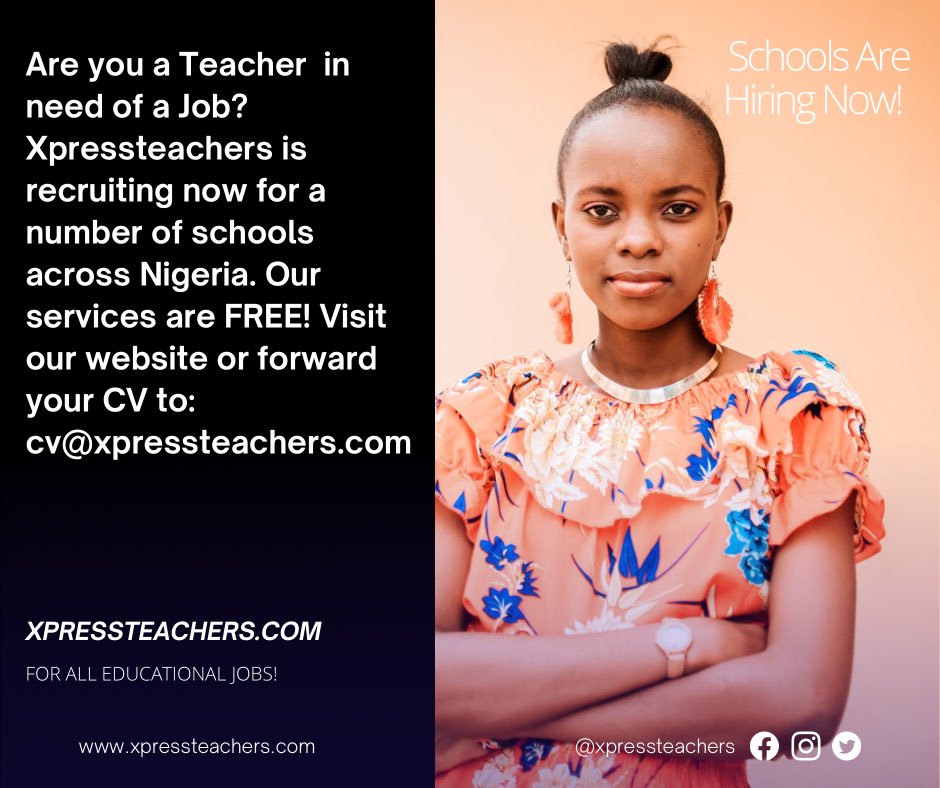 WE STILL HAVE OPEN VACANCIES IN:
• LAGOS
• OGUN
• OSUN
• ONDO
• PORT HARCOURT 
• FCT (ABUJA)
🗣️ TEACHERS WHERE YOU AT!!! 
VISIT - XPRESSTEACHERS.COM NOW…..
#jobs #teachingjobs #schools #hiring #teachers #nigeria #xpressteachers