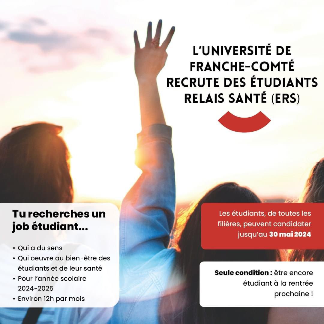 [#universitéEngagée] 🤝 Tu recherches un #job étudiant ? 🔍@fc_univ recherche des étudiants dynamiques et engagés pour devenir nos prochains Étudiants Relais Santé. ✅ 📝 Envoie ton dossier de candidature à sse-prevention@univ-fcomte.fr avant le 30/05/2024 + d’infos 👇