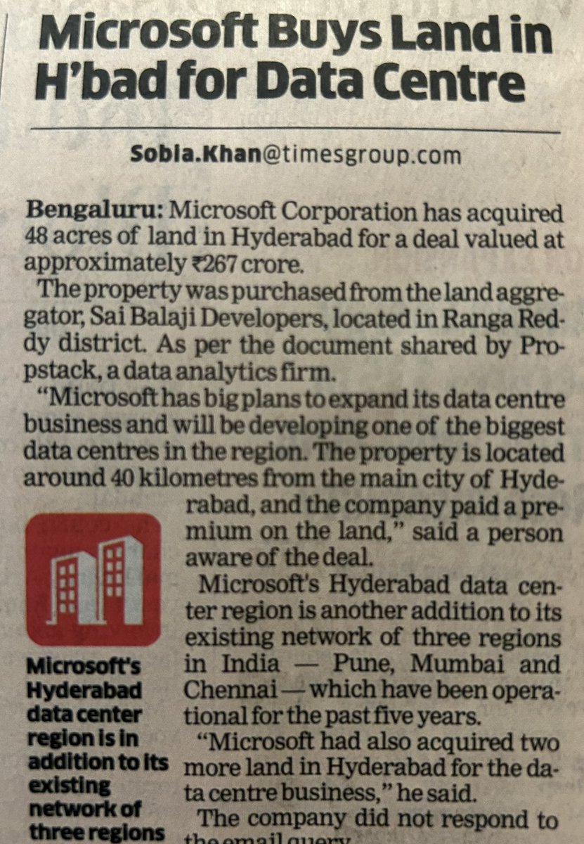 #Datacenter set up in India will be big theme for users due to consumers and software developers.
  #Microsoft secures 48 acres in Hyderabad for around ₹267 crore. The deal, inked with Sai Balaji Developers, marks a significant move for the tech giant in Ranga Reddy district.
