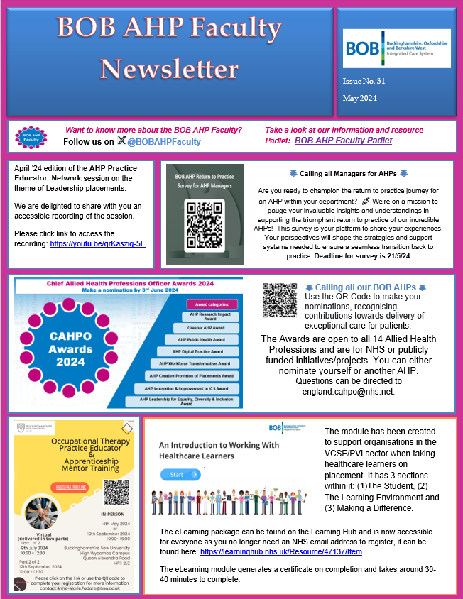 The @BOBAHPFaculty May 2024 Newsletter is out everywhere now - see it below, or you can download it on our #AHP faculty page: bhsca.co.uk/allied-health-… Highlights for Issue 31 include: - #CAHPOAwards - BOB AHP #ReturntoPractice survey for AHP managers @SajidaHanif6