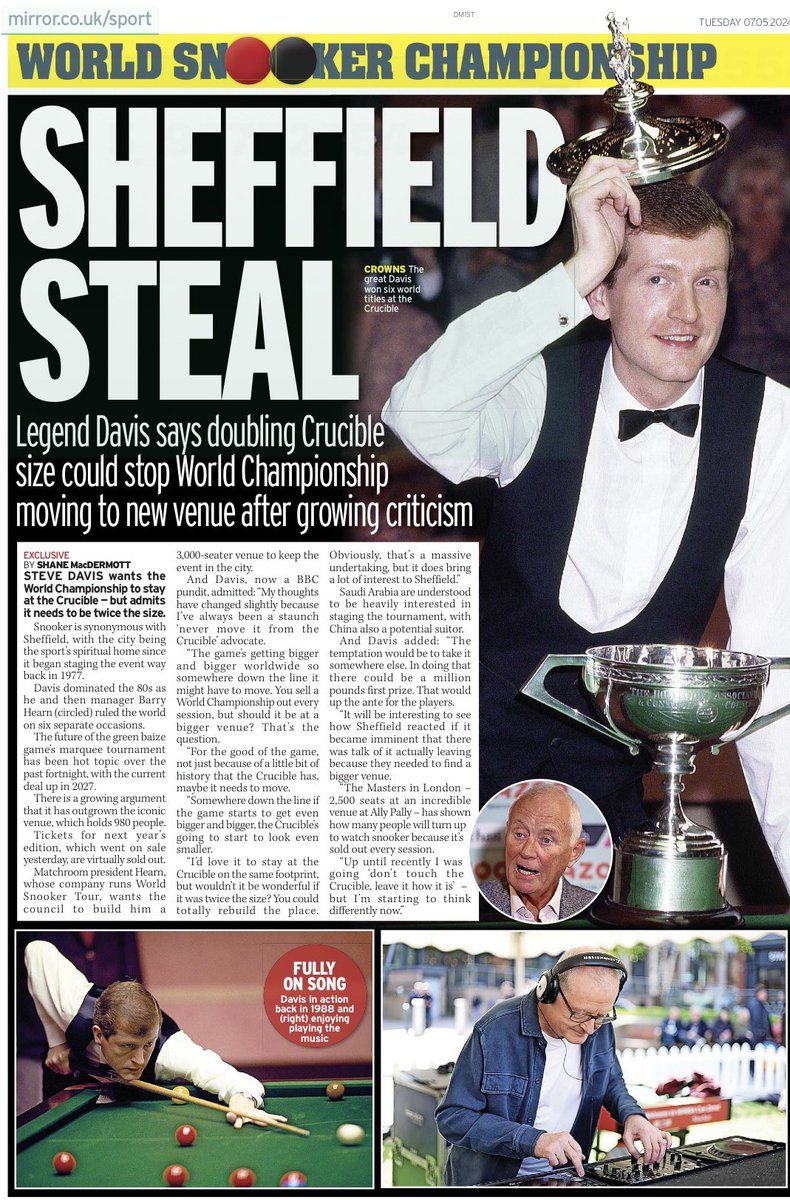 Six-time world champ @SteveSnooker wants the World Championship to stay at the Crucible @MirrorSport @MirrorSportIE @IrishMirror @DailyMirror @dailymirrorni @_ShaneMacD