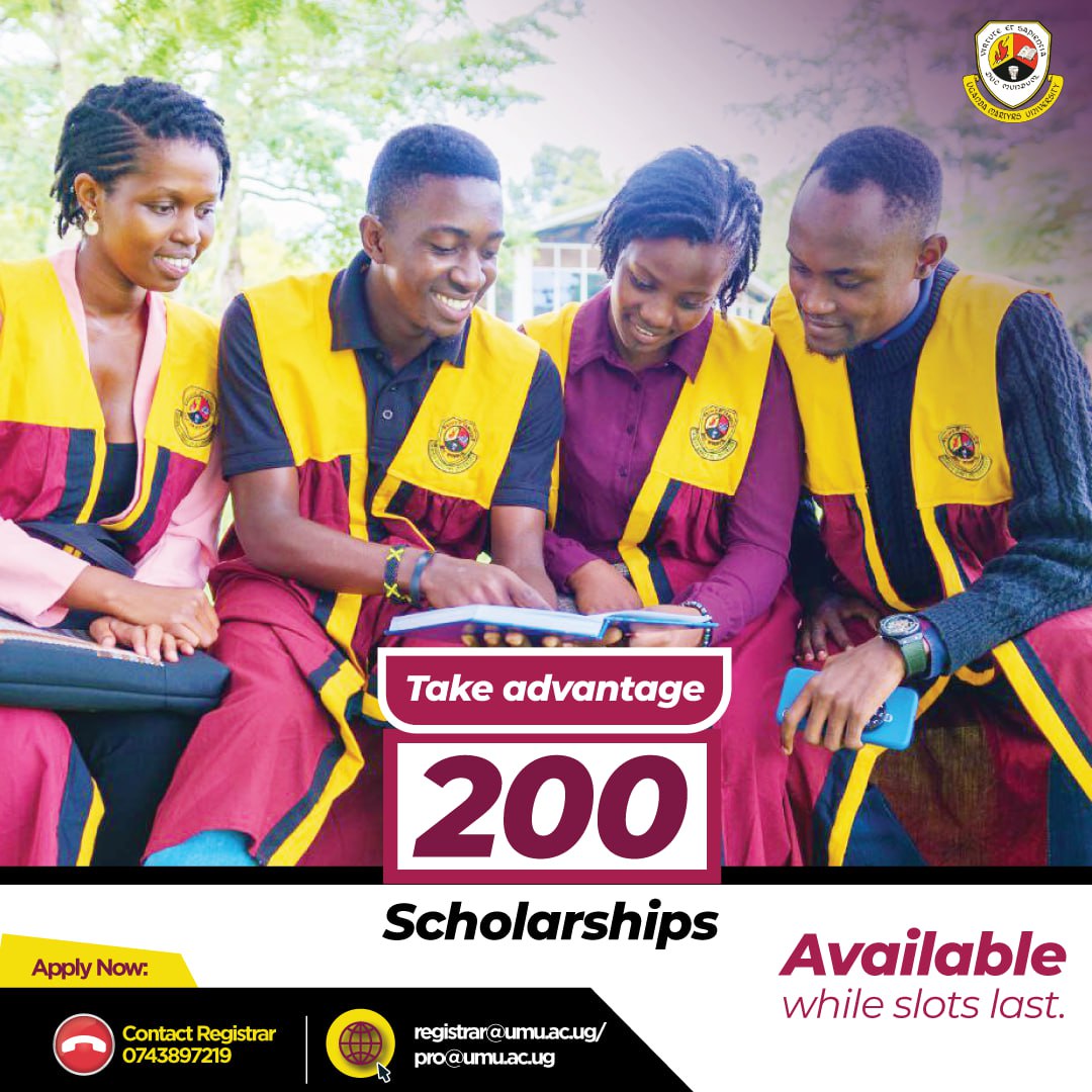 GOOD NEWS!! Uganda Martyrs University is offering 200 scholarships in different disciplines at the university on a first-come, first-serve basis. To take advantage of these, reach out to the Registrar's office via 0743897219. Visit admissions.umu.ac.ug for admissions.