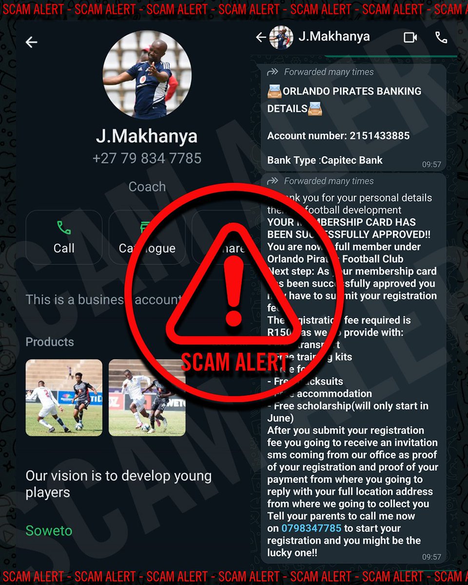 ☠️ 🚨 𝗦𝗖𝗔𝗠 𝗔𝗟𝗘𝗥𝗧 🚨 📢 #Buccaneers, please be cautious. ‼️ Please verify the legitimacy of all such attempts with @orlandopirates ⚫️⚪️🔴⭐️ #OrlandoPirates #OnceAlways
