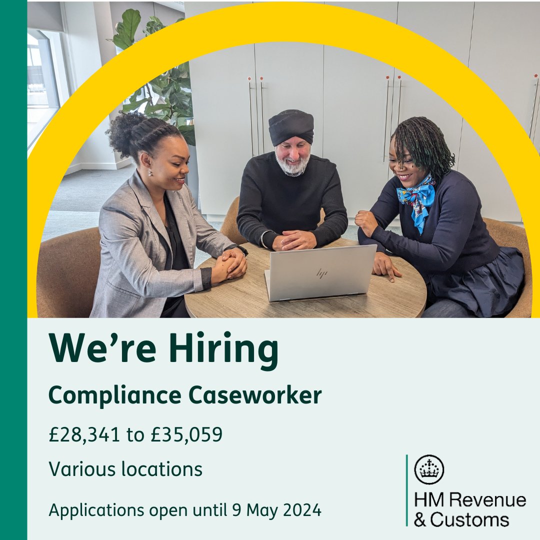 👩‍💻 Compliance Caseworkers 
💷 £28,341 - £35,059

Curious and helpful?

Become a Compliance Caseworker!

Analyse financial transactions and help clients with tax compliance.

Full training provided.

Apply now 👇
civilservicejobs.service.gov.uk/csr/jobs.cgi?j…

#PeoplePurposePotential #NewJob