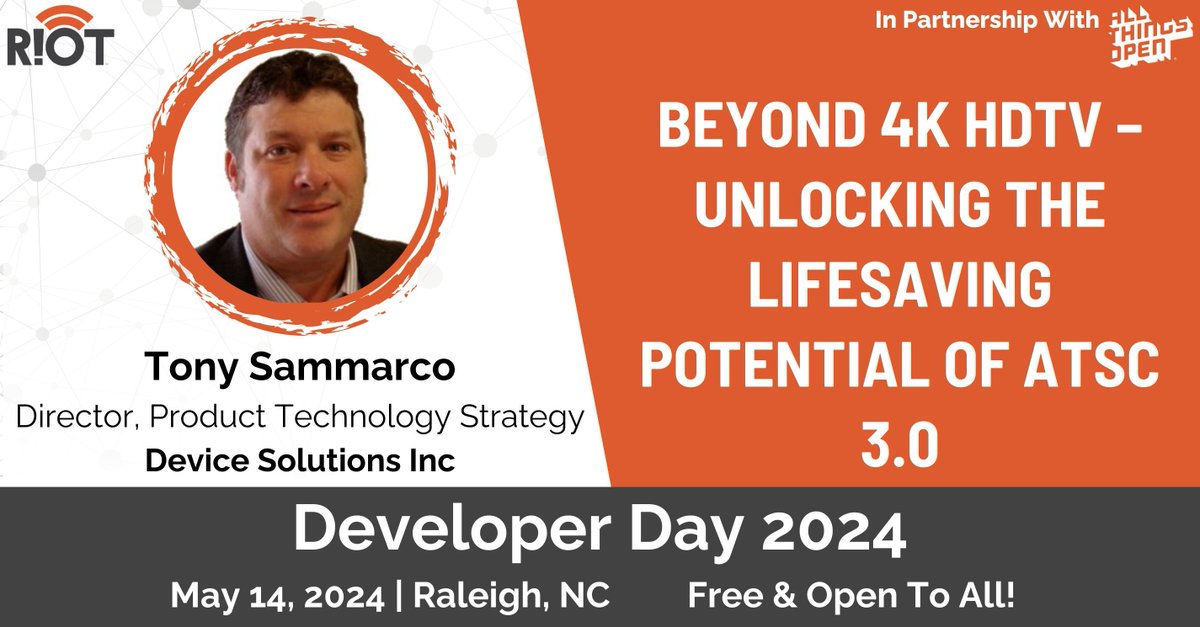 Step into the future and attend Tony Sammarco's from Device Solutions session at #RIoTDevDay2024 and discover how ATSC 3.0 isn't just about pixels—it's about pioneering technology that could be the key to survival in critical situations. Attend for FREE! buff.ly/3xzW4j8