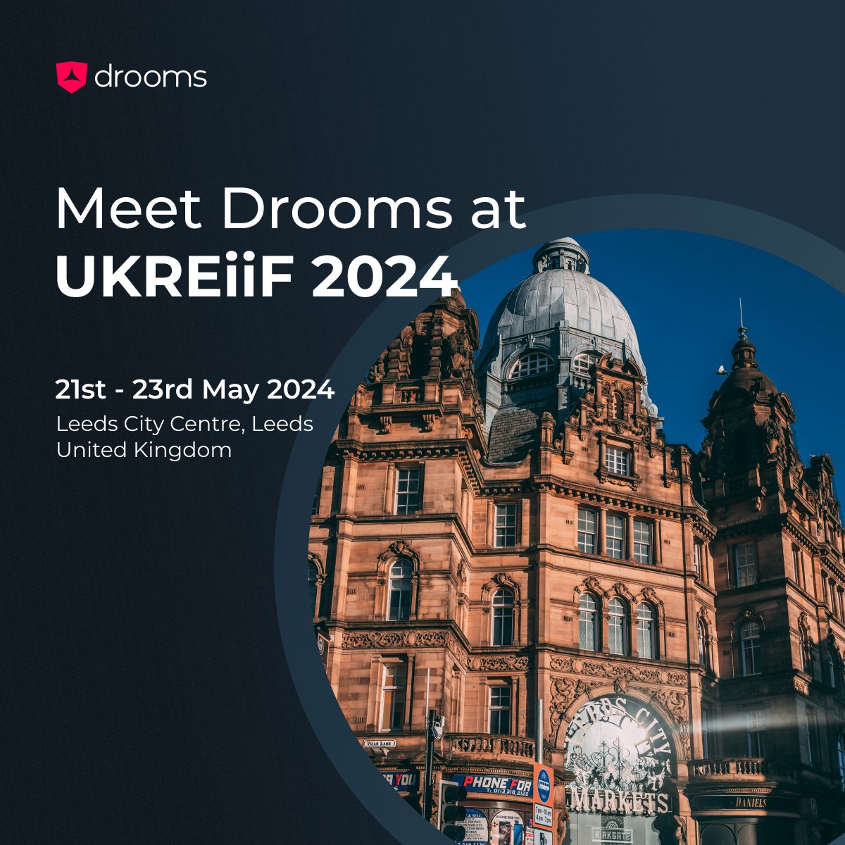We are delighted to be back again this year at #UKREiiF in Leeds!  

Meet Andrew Jordan and Luke Buckingham onsite and discover how Drooms can speed-up your time to transaction. Send them a short message on LinkedIn to schedule a catch-up with our experts onsite.
