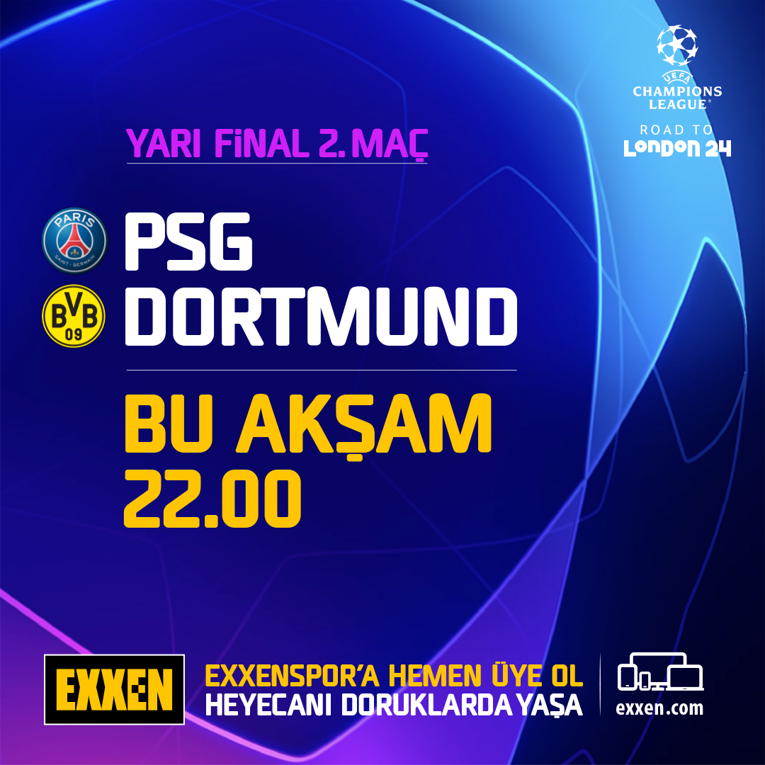 Şampiyonlar Ligi yarı final ikinci maçında bu akşam 22.00’de, PSG-Dortmund karşı karşıya geliyor. Bu müthiş maç canlı yayınla Exxen’de. Hemen exxen.com’a gir, Exxenspor’a hemen üye ol, eğlenceyi ve heyecanı doruklarda yaşatan Exxenspor’un keyfini çıkarmaya başla.