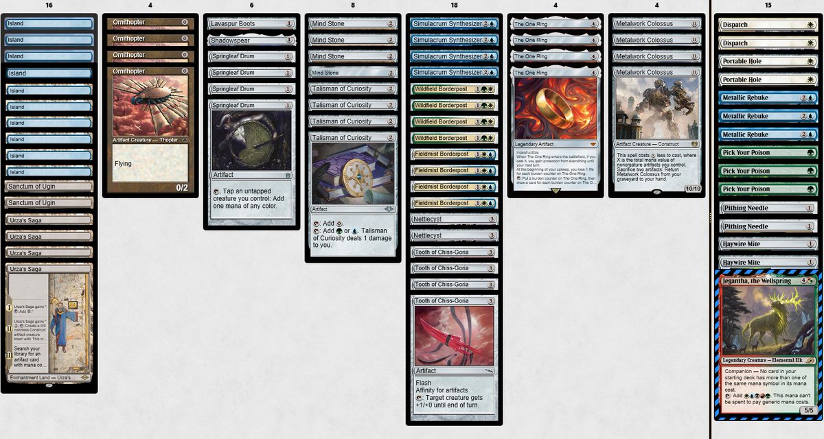Playing for trophy in first attempt with this build but i won`t be able to finish it until tomorrow! 🤞🤞
I was looking into ways of casting Colossus turn2 and this list can do it, while doing it turn3 EZ always. 🤔
Ring + Synthesizer also quite powerfull! 🤯🤩