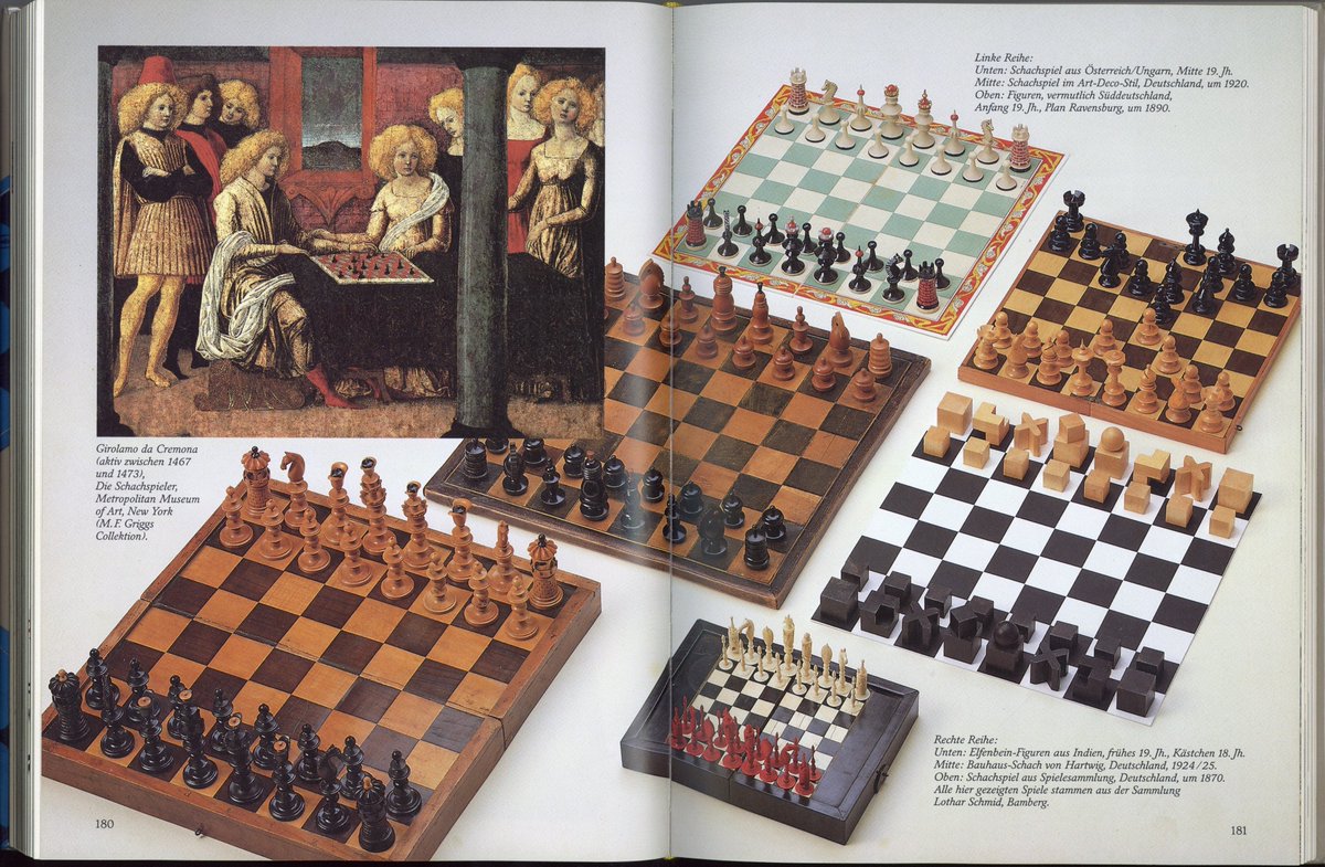 Some beautiful chess sets this #ChessTuesday from Das Spiele-Buch (The Games Book), 1988. From the @ecfchess library. Which one is your fave? ♟️ @LibraryDMU @garylanechess @chesstutor #chesshistory #chessliterature #chess