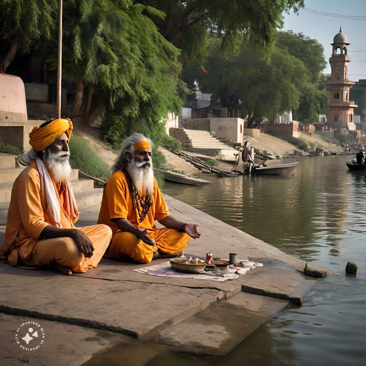 Sukkur (Sindh) in 1890 in Undivided India. Hindu sadhus at Indus river ghat in Sukkur. This city is situated on the banks of Indus. Present days in Pakistan. Hinduism is connected with the river Indus due to the historical significance of the region around the river.