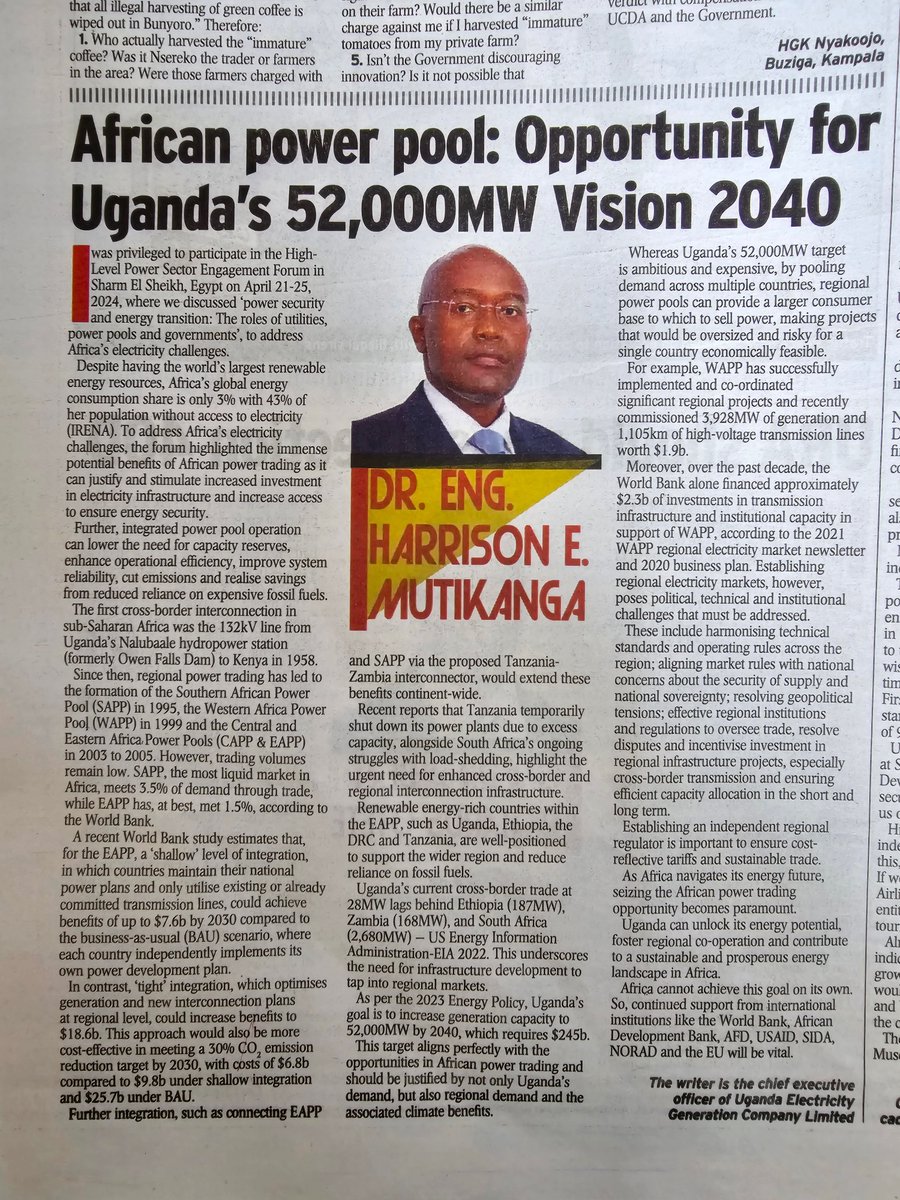 #PressReview: Read about the opportunities for Uganda's ambitious 52,000 MW Vision 2040 target, in the African power pool; authored by Dr. Eng. Harrison E. MUTIKANGA - @UEGCL_CEO Full story in @newvisionwire.