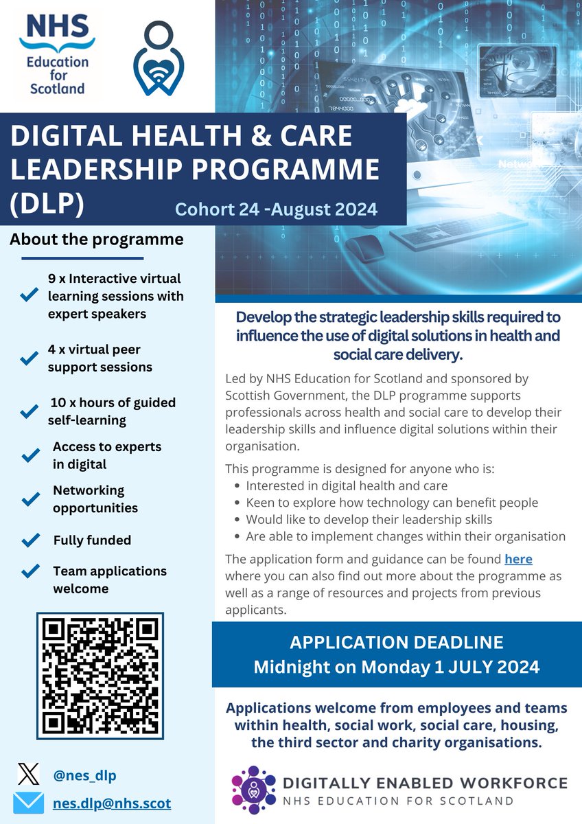 📢Applications for Cohort 24 of the Digital Health & Care Leadership Programme (DLP) are open! 🎉
Starting in August we welcome applications from health, social work, social care, housing, the 3rd sector & charities. 
Find out more ⬇️
learn.nes.nhs.scot/52828 
#digitalleadership