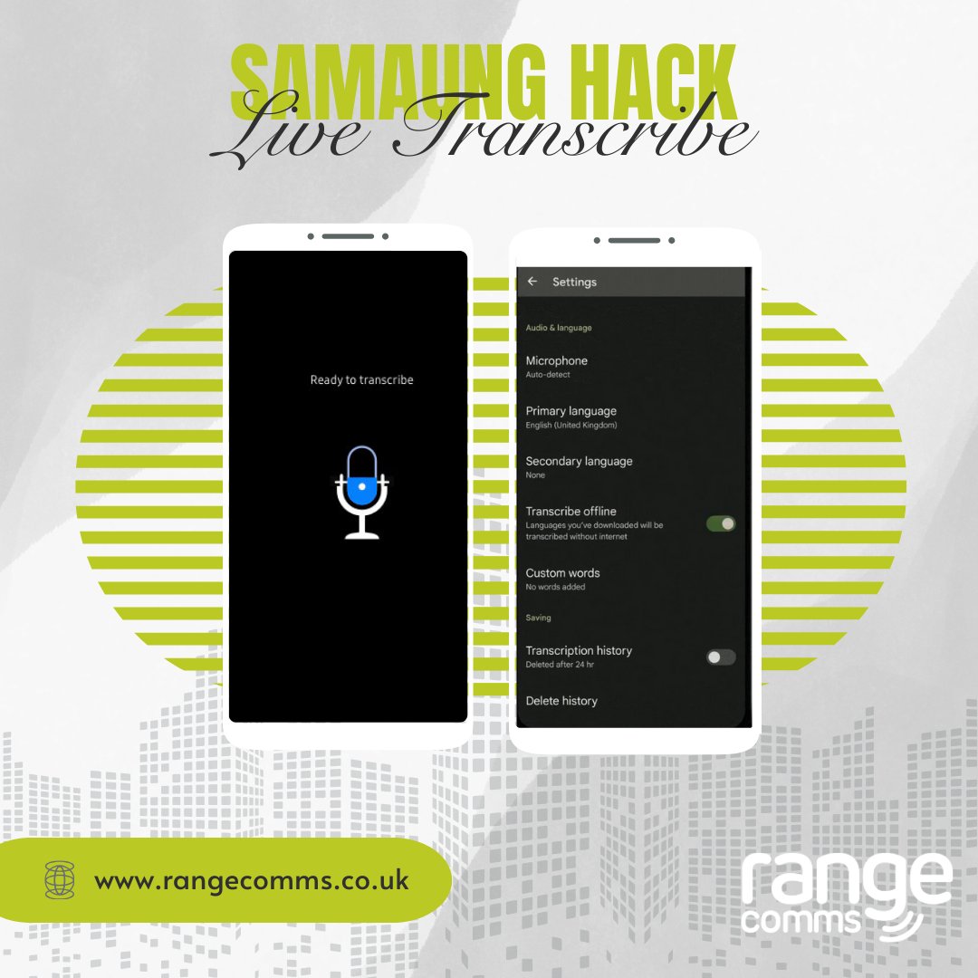 rangecomms's tweet image. Discover the power of Live Transcribe!🎙️ 

💚 Go to Settings &amp;gt;Accessibility &amp;gt;Hearing enhancements.
💚 Tap Live Transcribe and then tap Open Live Transcribe.
💚 With Live Transcribe open, add it to Multi-Window by tapping Recent apps and holding Live Transcribe.

#rangecomms