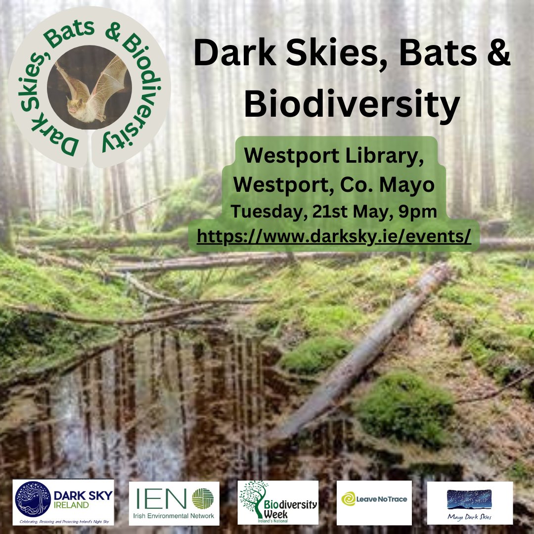 #Nationalbiodiversityweek2024 🦉DARK SKIES & BIODIVERSITY 📅When: Monday, 20th of May, 9pm 📍Where: Kilglass House, Enniscrone, Co. Sligo 🦇DARK SKIES, BATS & BIODIVERSITY 📅When: Tuesday, 21st of May, 9pm 📍Where: Westport Library, Westport, Co. Mayo darksky.ie/events/
