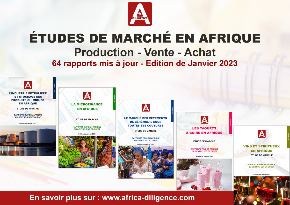 Découvrez les 64 études de marché mises à jour sur africa-diligence.com

#AfricaDiligence #IntelligenceEconomique #EtudeDeMarché