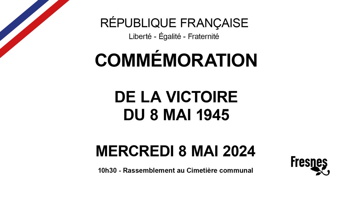 [Devoir de mémoire] 🇲🇫 La Ville vous invite à la commémoration du 79e anniversaire de la Victoire du 8 mai 1945. Le rassemblement est prévu ce mercredi 8 mai à partir de 10h30 au cimetière communal 🌺

#fresnes94 #fresnes #maville #commémoration #8Mai1945