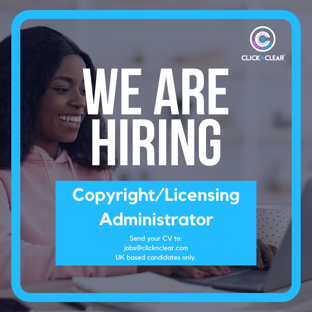 We are hiring!
We are looking for a Copyright/Licensing Administrator to join our growing and dynamic team, and assist us across a number of exciting projects.
If you are interested, apply here: clicknclear.com/jobs

#licensing #hiring #job #musicrights #copyright
