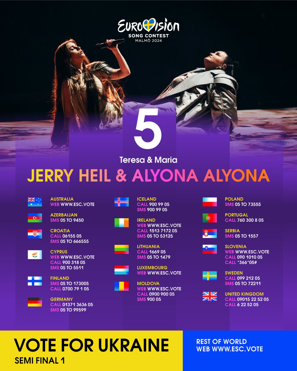 1Support Ukraine in the first #Eurovision semi-final on May 7! 🇺🇦 alyona alyona and Jerry Heil will perform under #5 with the song 'Teresa & Maria'. The show will start at 21:00 CET. Vote for Ukraine via SMS or the official Eurovision app ✅ #WorldOnHerShoulders #Eurovision2024