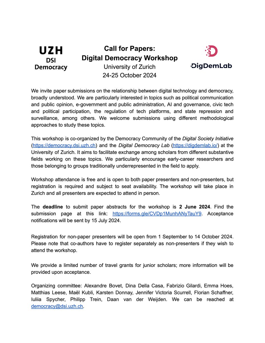 ✨ Call for papers ✨ Digital Democracy Workshop University of Zurich, 24-25 October 2024 Submission deadline: 2 June 2024 Pls share widely! democracy.dsi.uzh.ch/news/24-25-10-…