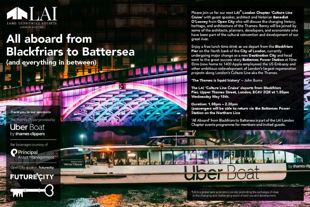 Join us for Land Economics Society ‘Culture Line Cruise’ on 15th May. CEO @MaxwellFarrell invites friends of @ldncollective_ as President of London Chapter Guest speaker @OpenCity_uk 📥hello@lailondon.org for free ticket #wearecitymakers #collectivelyspeaking #landeconomics