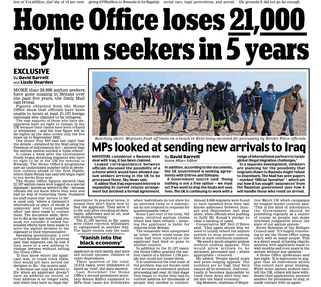 Home Office loses 21,000 asylum seekers in 5 years: How the hell can you lose these people? Most have no right to remain in the UK have just disappeared. Apparently it's impossible to detain iligals migrants says the Home Office, they just vanish and will probably never be found
