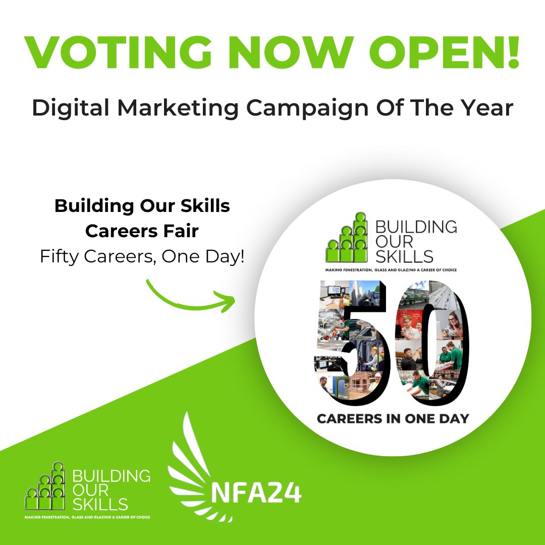 📢 VOTE FOR US – Digital Marketing Campaign Of The Year! ✅ Voting is now open for this year’s @NatFenAwards and we are proud that our 50 Careers in one day festivals have been nominated as Digital Marketing Campaign Of The Year. fenestrationawards.co.uk/nfa24/ #NatFenAwards #NFA24