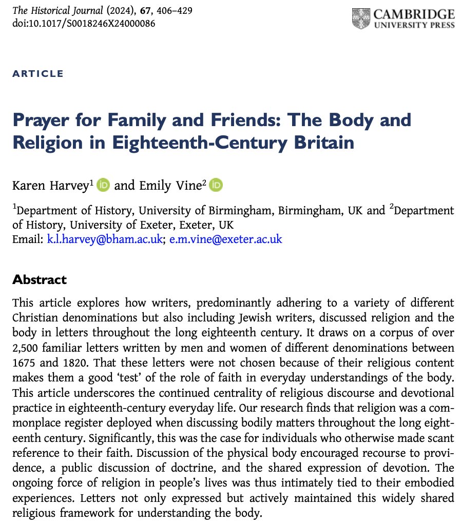 Out now: 'Prayer for Family and Friends: The Body and Religion in Eighteenth-Century Britain' The article with @EmilyMayVine from @SocialBodiesUoB has officially been published in @HistoricalJnl. If you don't have access, DM me for a code (I have 10 giveaways!).